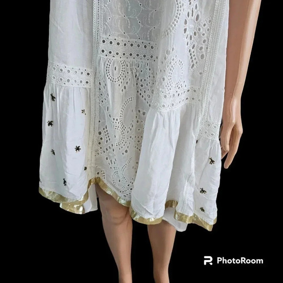 Anthropologie Leifnotes White Eyelet Gold Trim Beaded Sleeveless Dress Size 4 - Picture 10 of 16